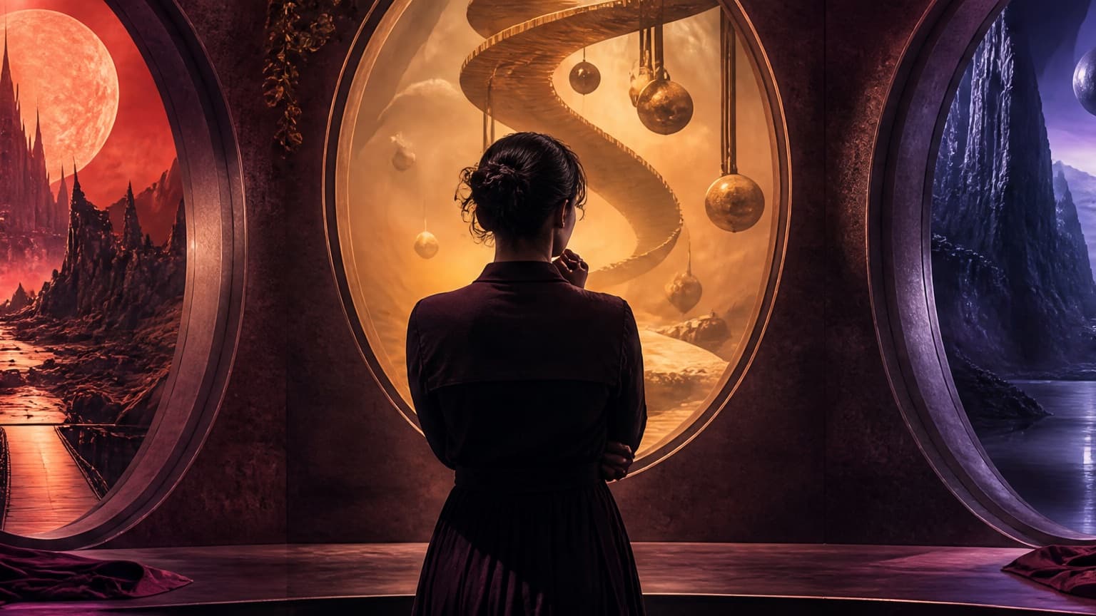 An adult reader exploring a gallery of book-shaped doorways and story worlds, created for Review: Mother of Learning and the Perfect Time Loop