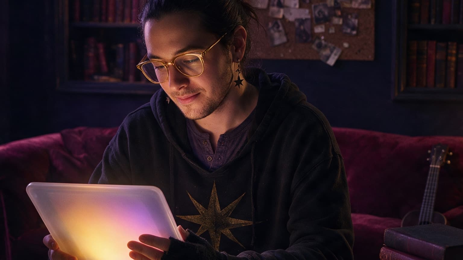 An adult reader following a November writing challenge across a glowing screen and paper archive