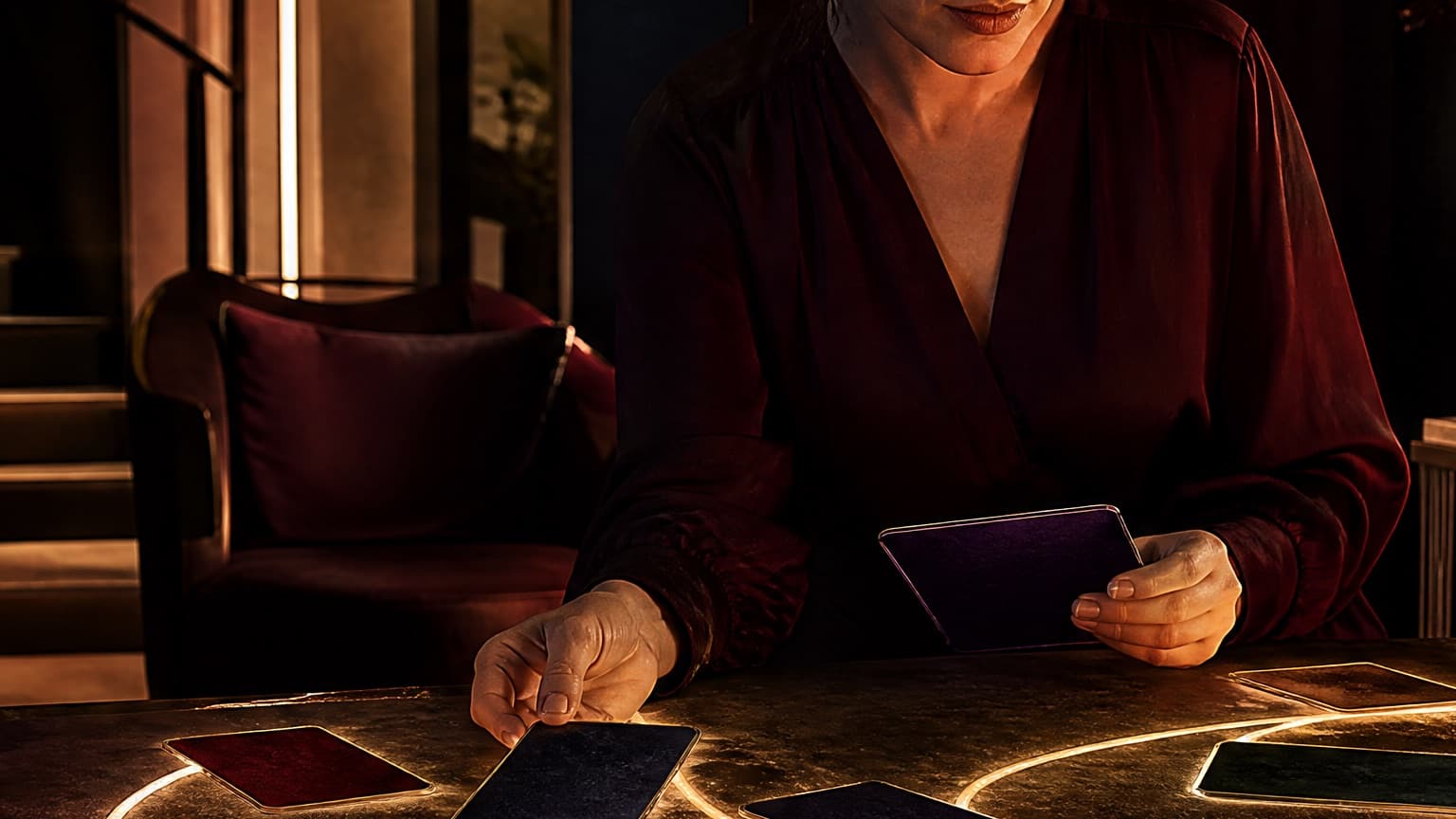 An adult reader organizing books, story cards, and a phone in a violet room, created for How to Organize a Reading List You'll Actually Use