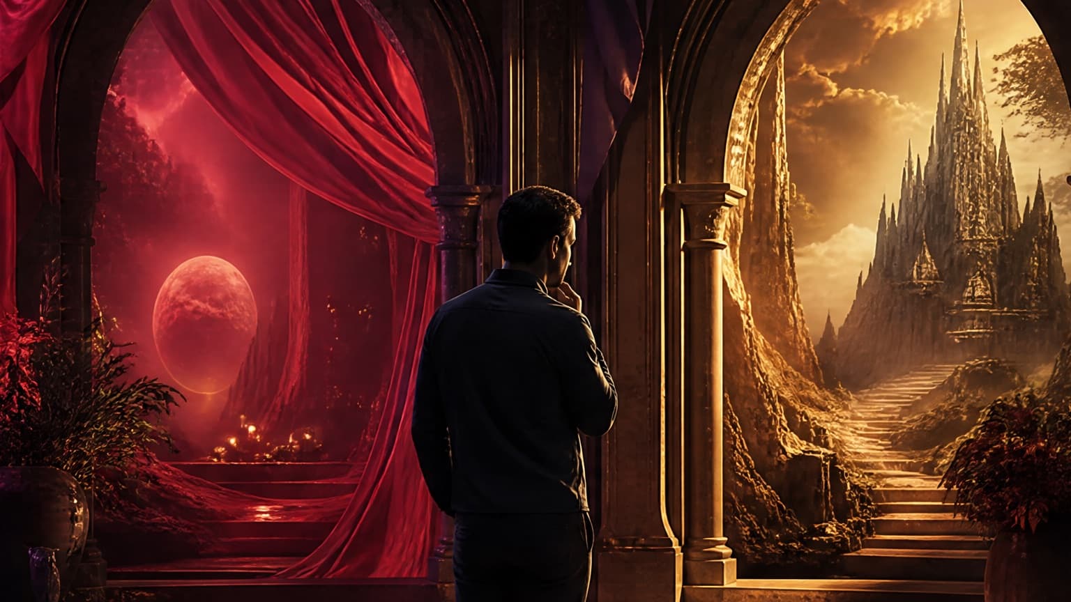 An adult reader exploring a gallery of book-shaped doorways and story worlds, created for Pale Lights Review: Fantasy Noir With Sharp Teeth