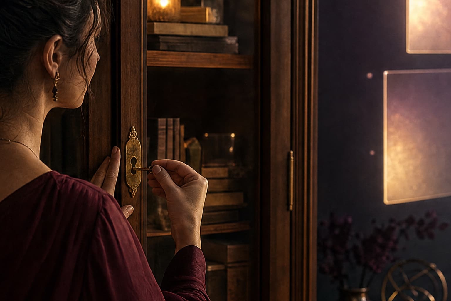 Adult reader locking a personal book cabinet near softly glowing windows