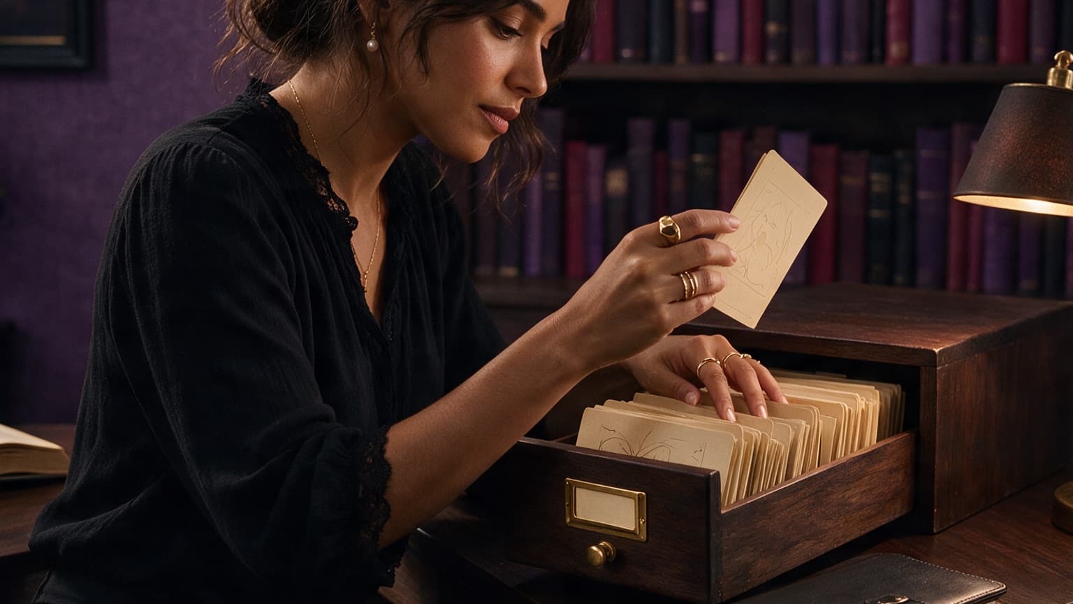 An adult reader organizing books, story cards, and a phone in a violet room, created for How to Keep Your Fanfiction Reading List Private