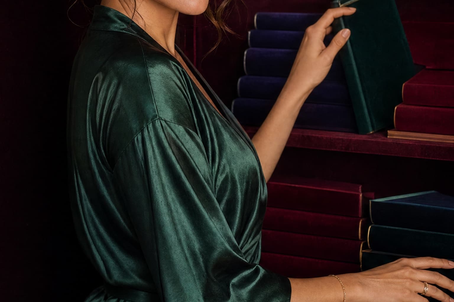 Adult woman organizing jewel-toned books inside a private velvet cabinet