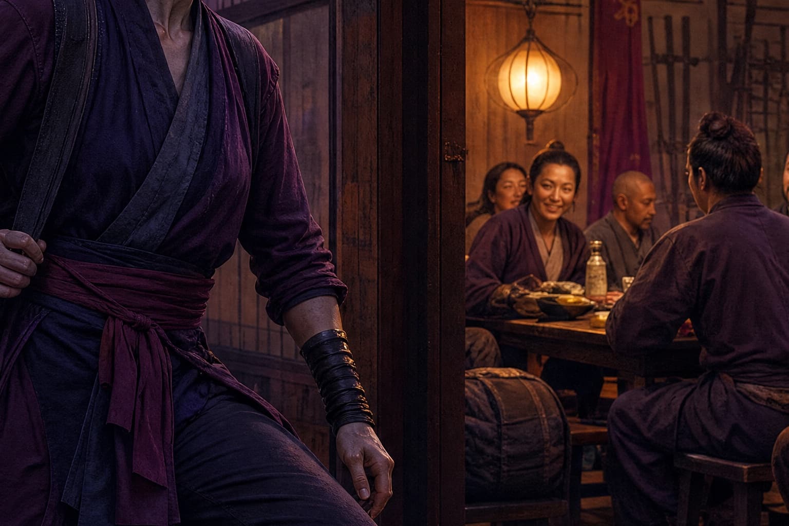 Adult martial artist joining companions in a lantern-lit training hall