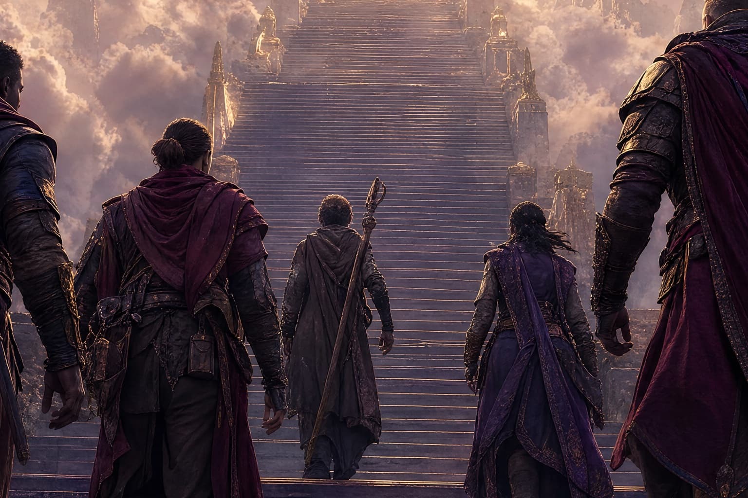Adult fantasy adventurers climbing a vast staircase into a ringed sky