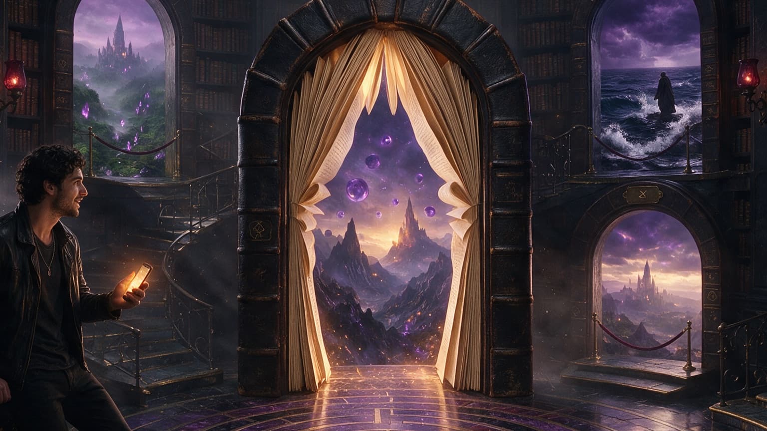 An adult reader exploring a gallery of book-shaped doorways and story worlds, created for 8 Progression Fantasy Series for Fans of Cradle