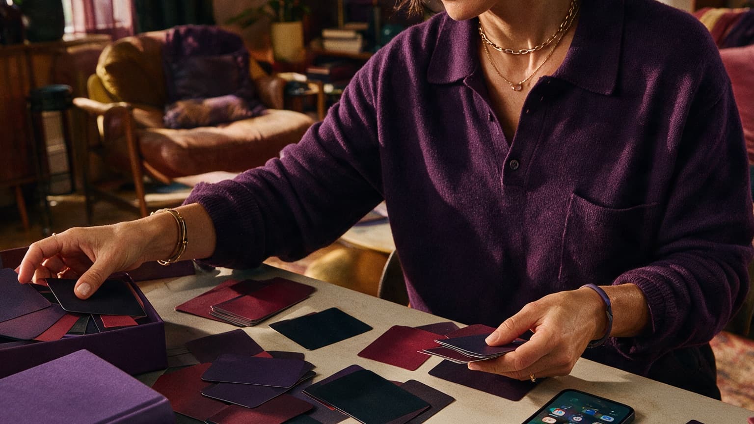 An adult reader organizing books, story cards, and a phone in a violet room, created for The Rise of the Reader-Creator: When Fans Become Authors