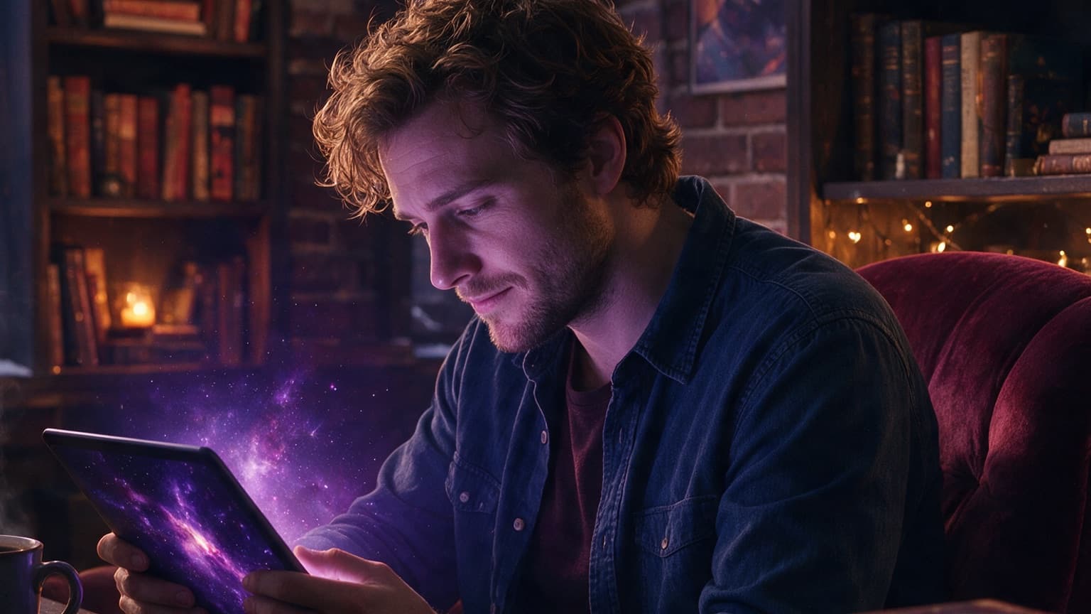 An adult reader following a web fiction story across a glowing screen and paper archive, created for The Stories Your Fellow Readers Couldn't Put Down in 2025