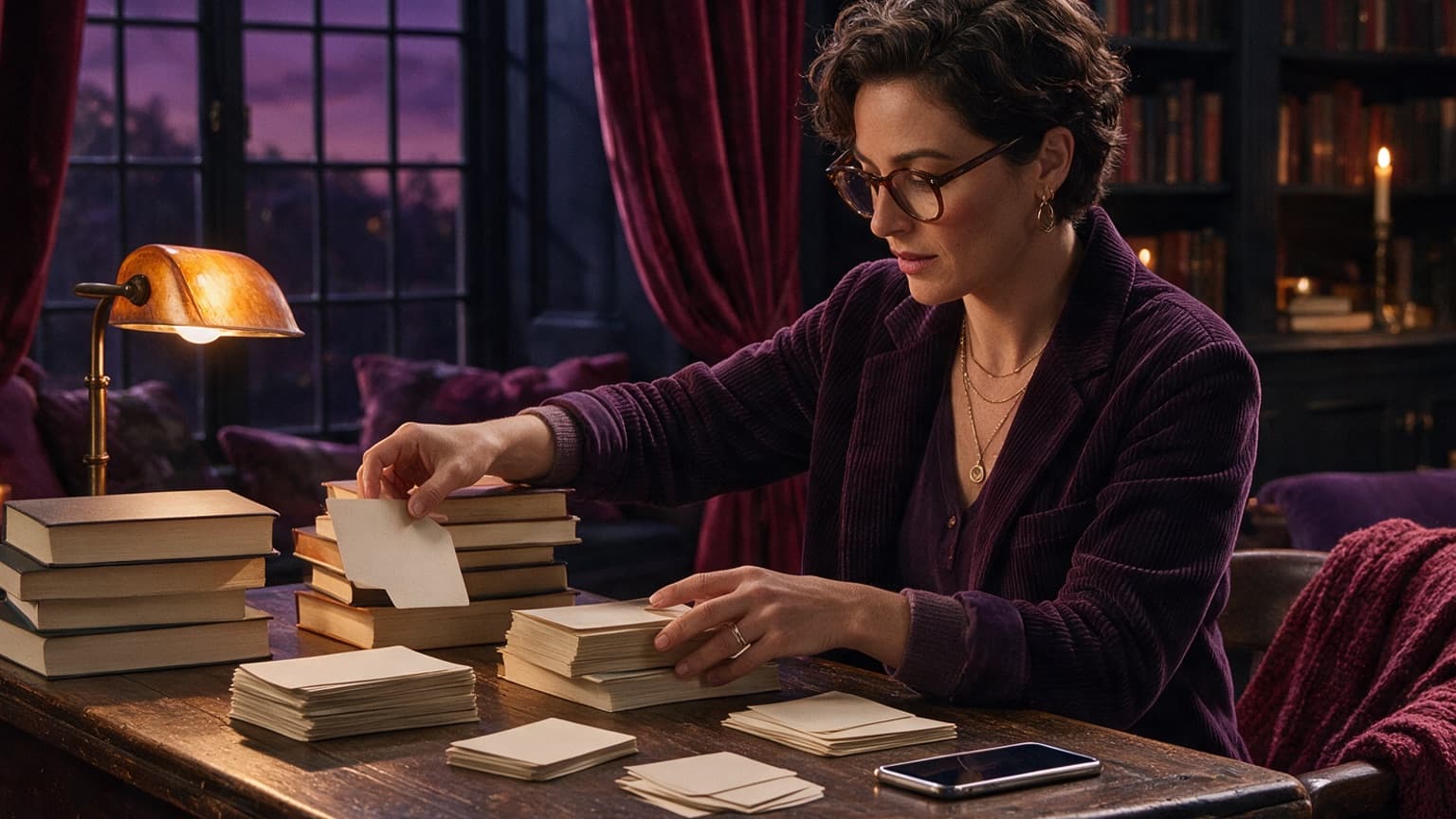 An adult reader organizing books, story cards, and a phone in a violet room, created for Setting Reading Goals That Don't Make Reading Feel Like Work