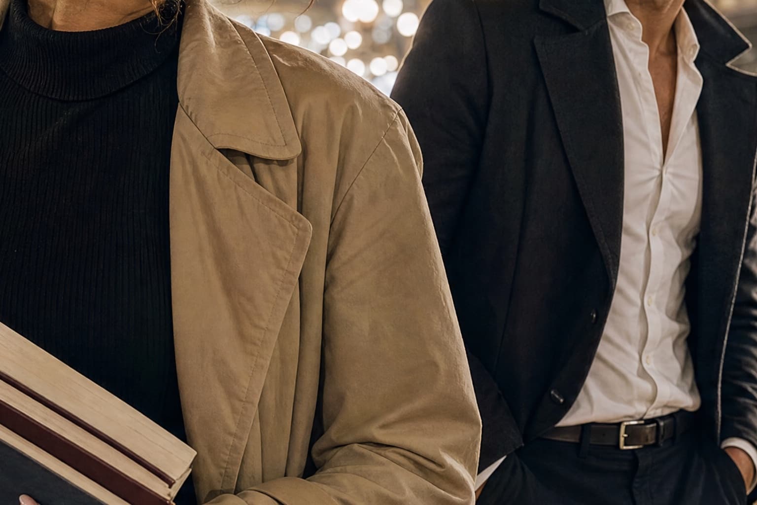 Adult woman carrying romance books as an adult man catches her eye