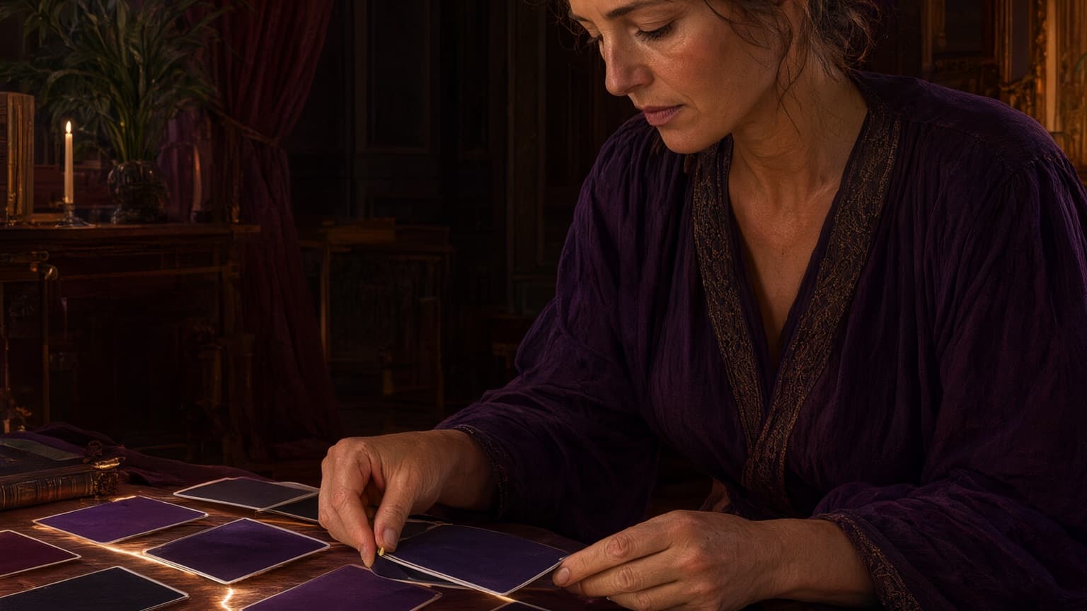 An adult reader organizing books, story cards, and a phone in a violet room, created for Royal Road for Beginners: Finding Stories Worth Your Time