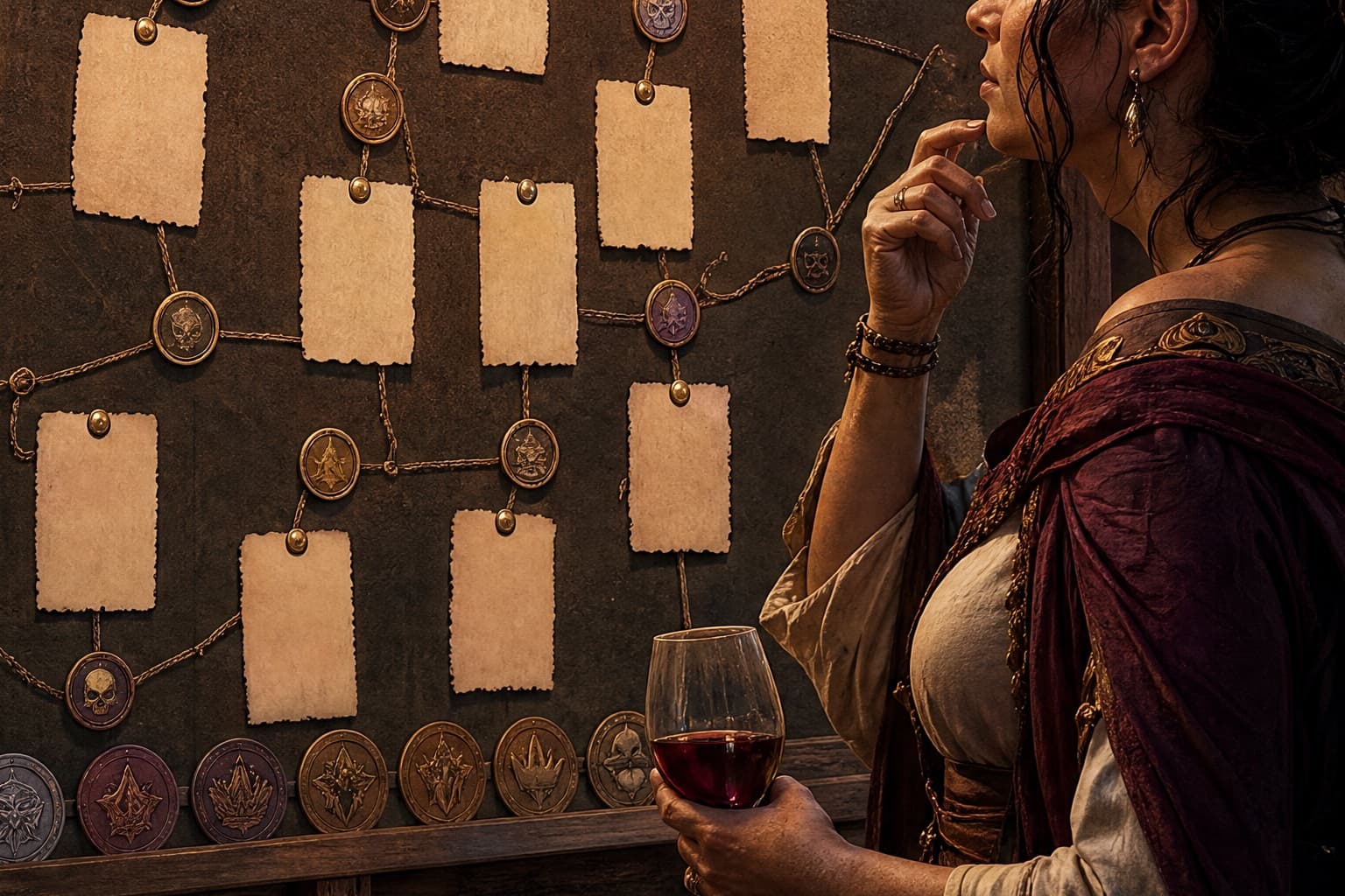 Adult fantasy reader studying blank story cards on a tavern notice board