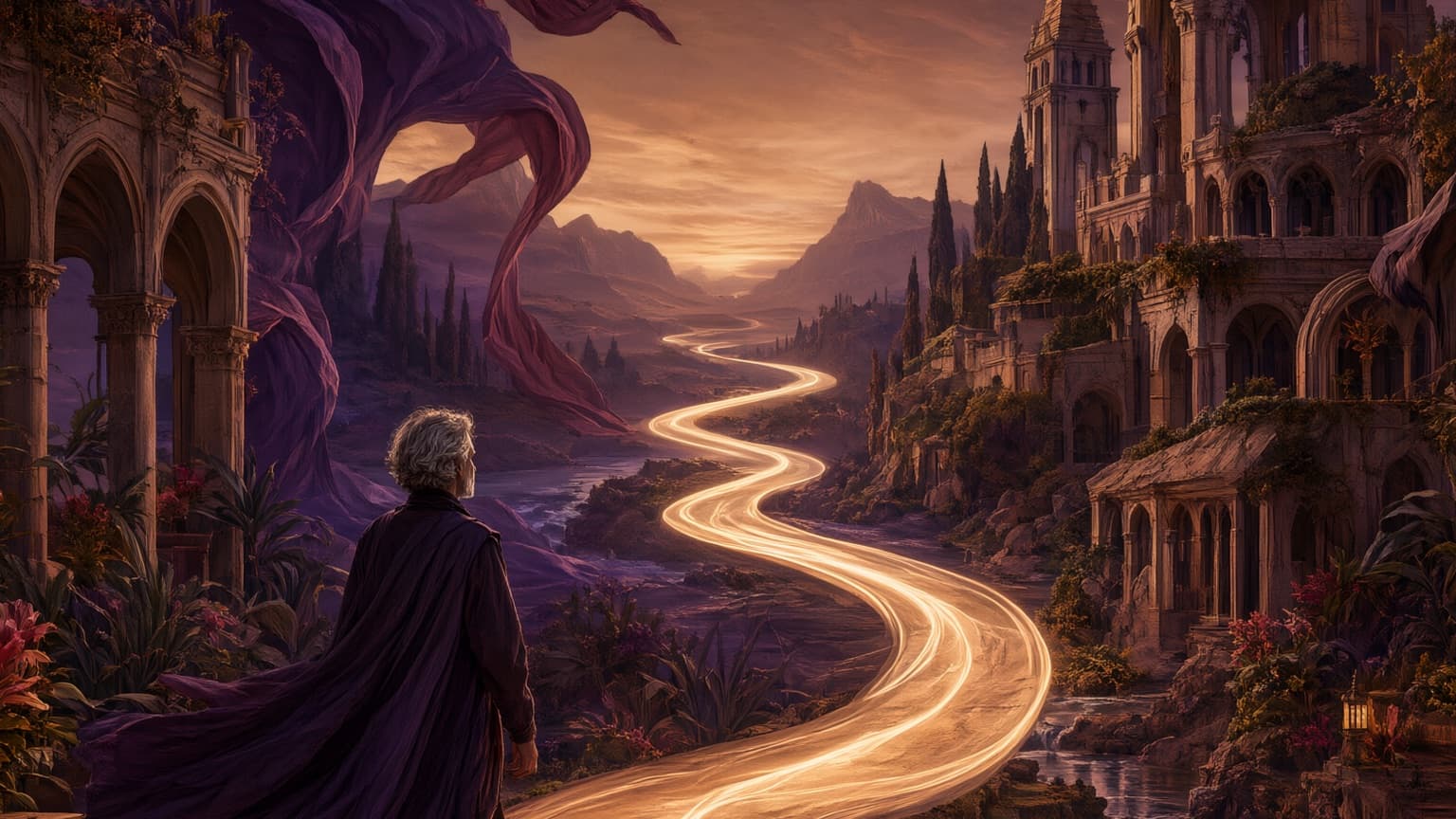 Two contrasting fiction worlds connected by a trail of pages, created for ScribbleHub vs Royal Road: Which Platform For Your Next Read