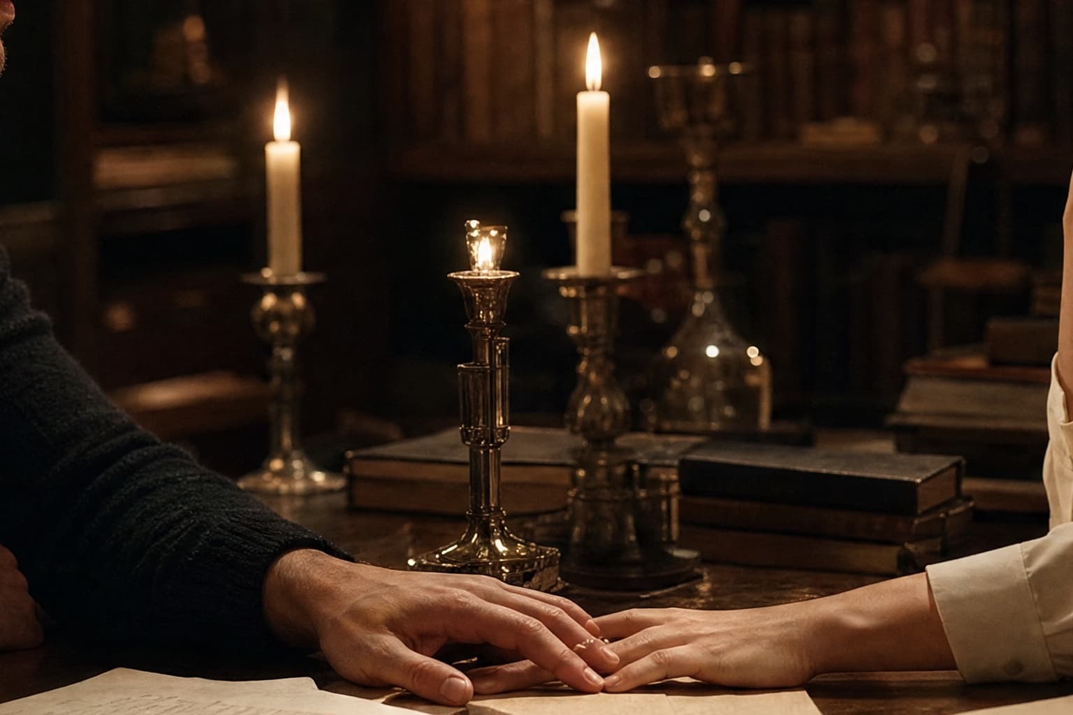 Two adults nearly touching hands across letters on a candlelit table