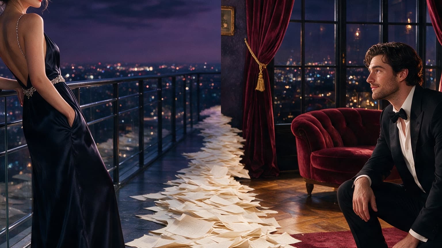 Two contrasting fiction worlds connected by a trail of pages, created for Why Web Fiction Does Slow-Burn Romance Better