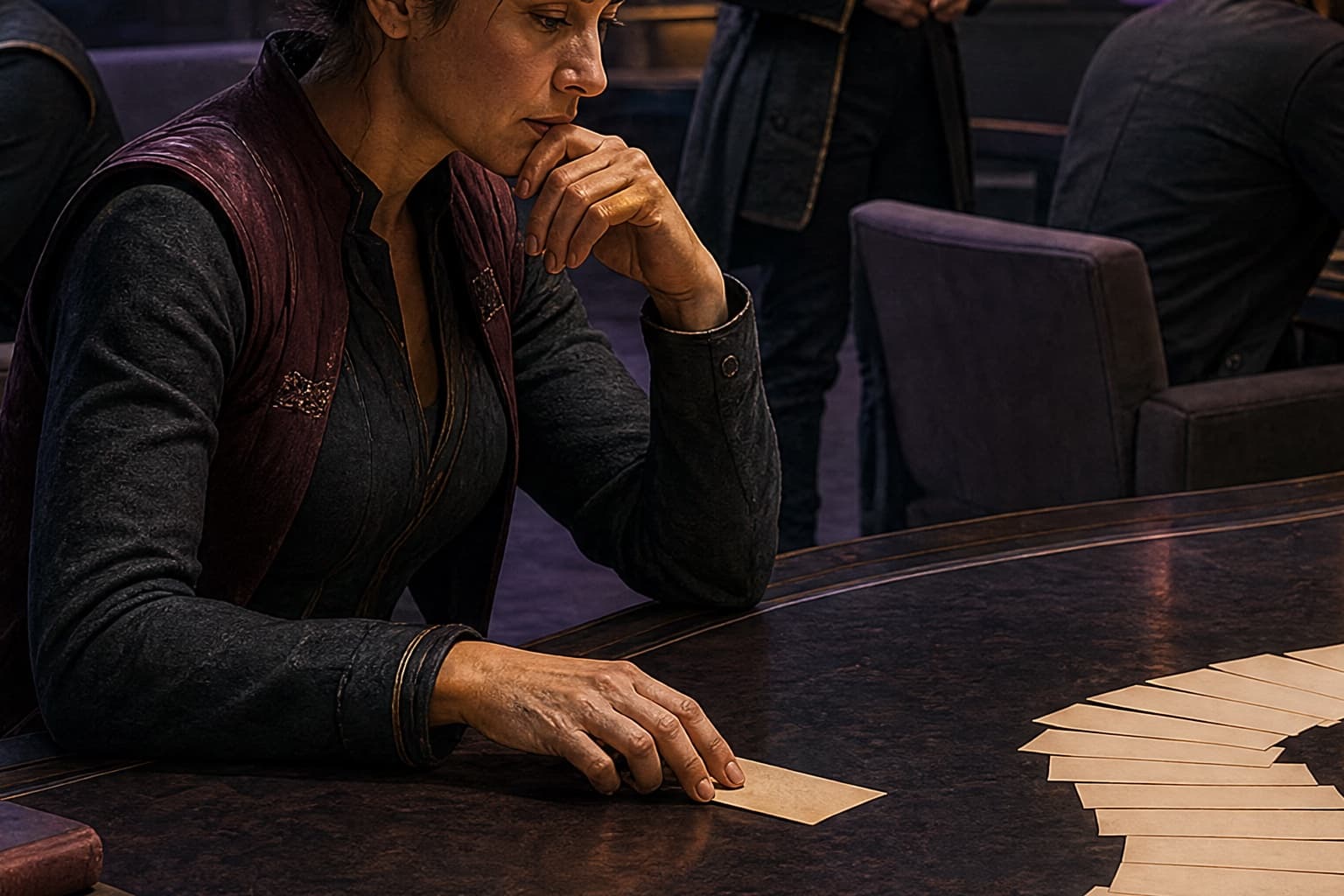 Adult reader following chapter cards through a science fiction discussion room
