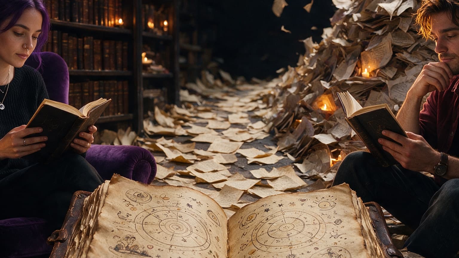 Two contrasting fiction worlds connected by a trail of pages, created for Why Fic-Tracking Spreadsheets Always Fall Behind