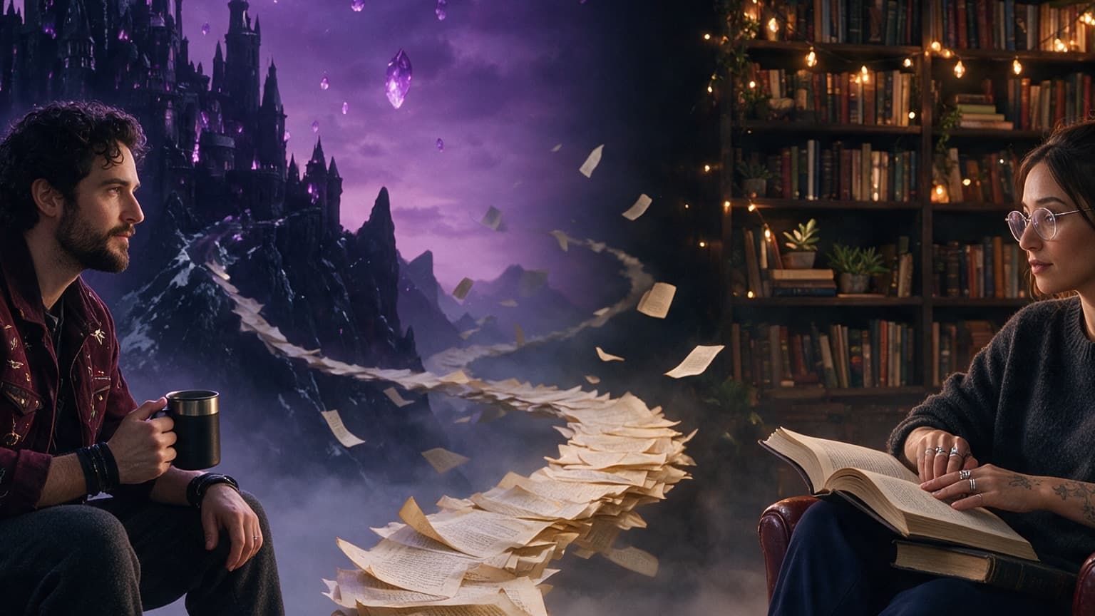 Two contrasting fiction worlds connected by a trail of pages, created for The Problem With Star Ratings in Web Fiction