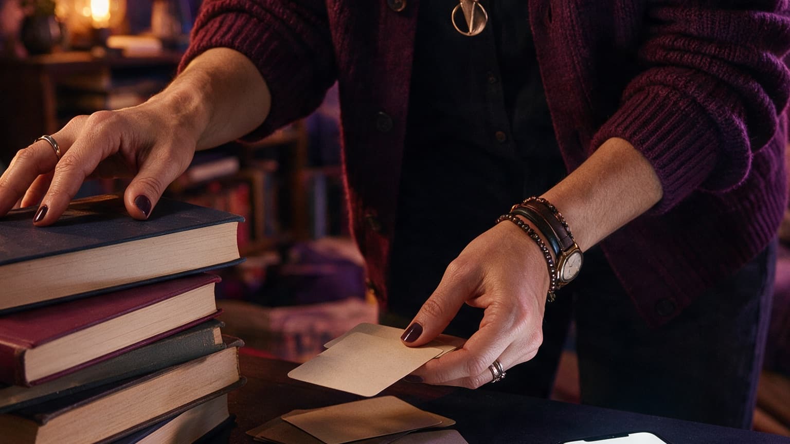 An adult reader organizing books, story cards, and a phone in a violet room, created for How to Start Reading Web Fiction When You've Only Read Books