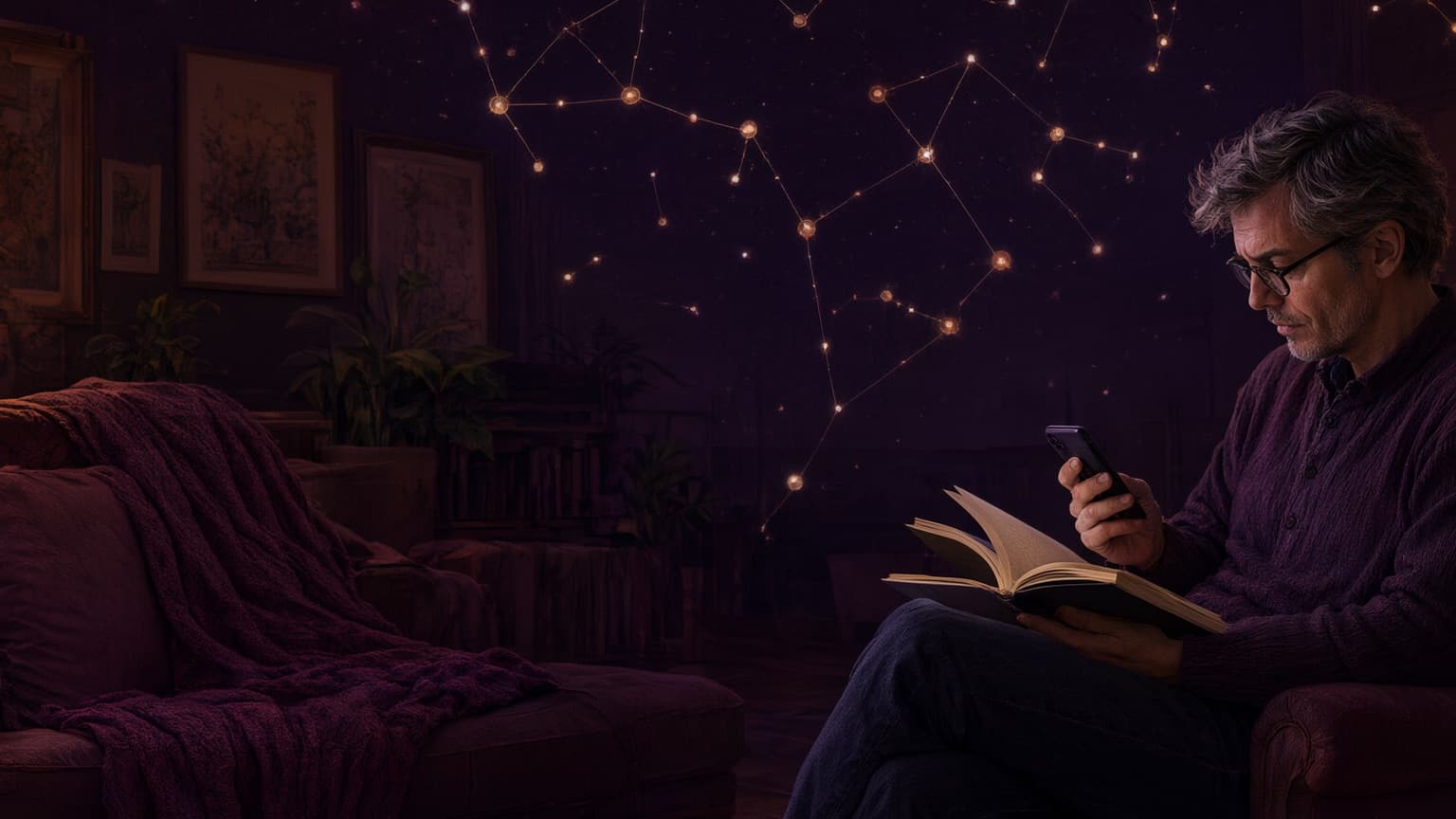 An adult reader following a web fiction story across a glowing screen and paper archive, created for Storywatch at Two: What Readers Taught Us