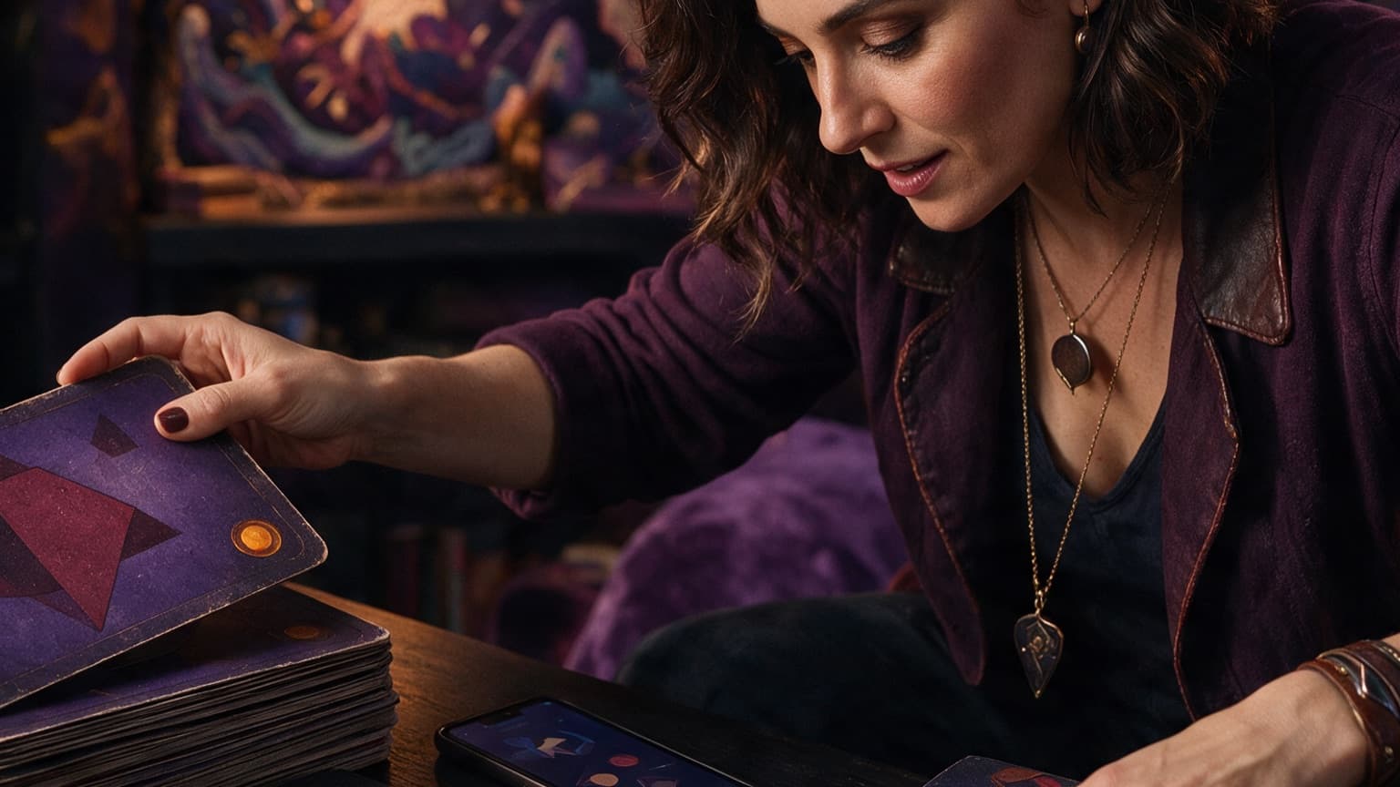 An adult reader organizing books, story cards, and a phone in a violet room, created for How to Track Web Fiction Updates Without Checking Every Site