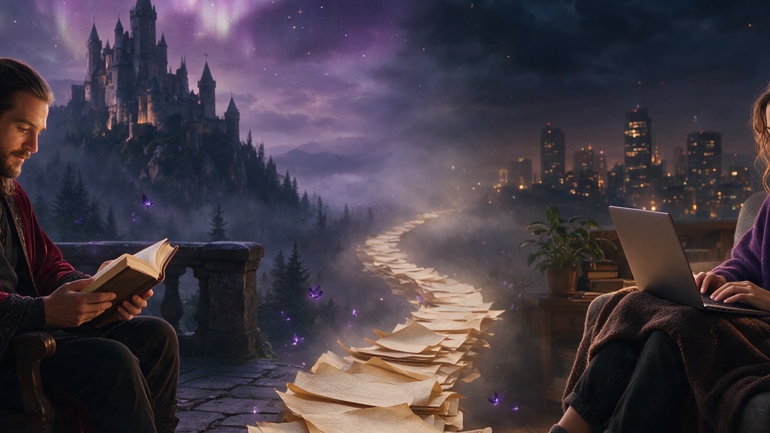 Two contrasting fiction worlds connected by a trail of pages, created for Traditional Fantasy vs Web Fiction: What Changes
