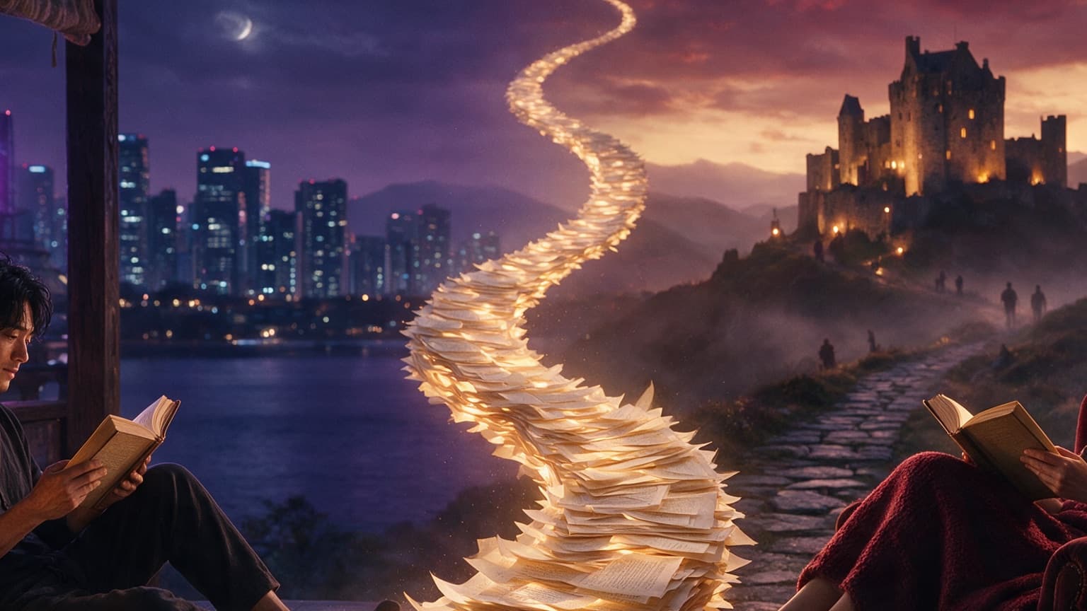 Two contrasting fiction worlds connected by a trail of pages, created for What Translation Changes in a Web Novel