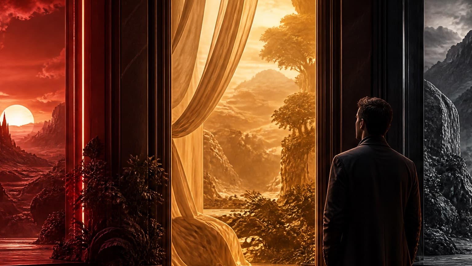 An adult reader exploring a gallery of book-shaped doorways and story worlds, created for 12 Underrated Web Serials Readers Keep Recommending