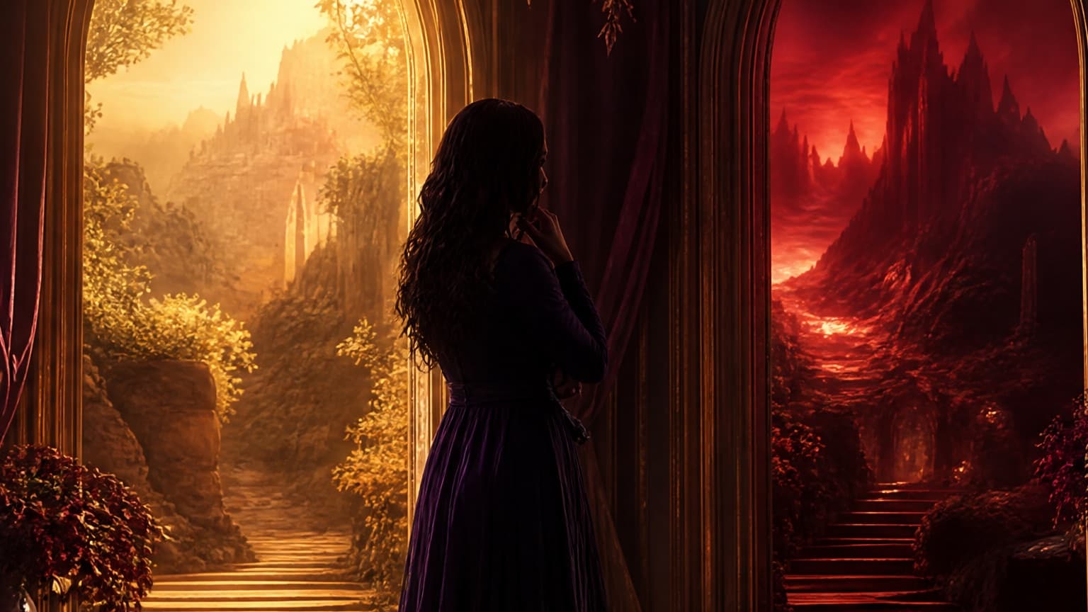 An adult reader exploring a gallery of book-shaped doorways and story worlds, created for The Wandering Inn Review: Why the Length Works