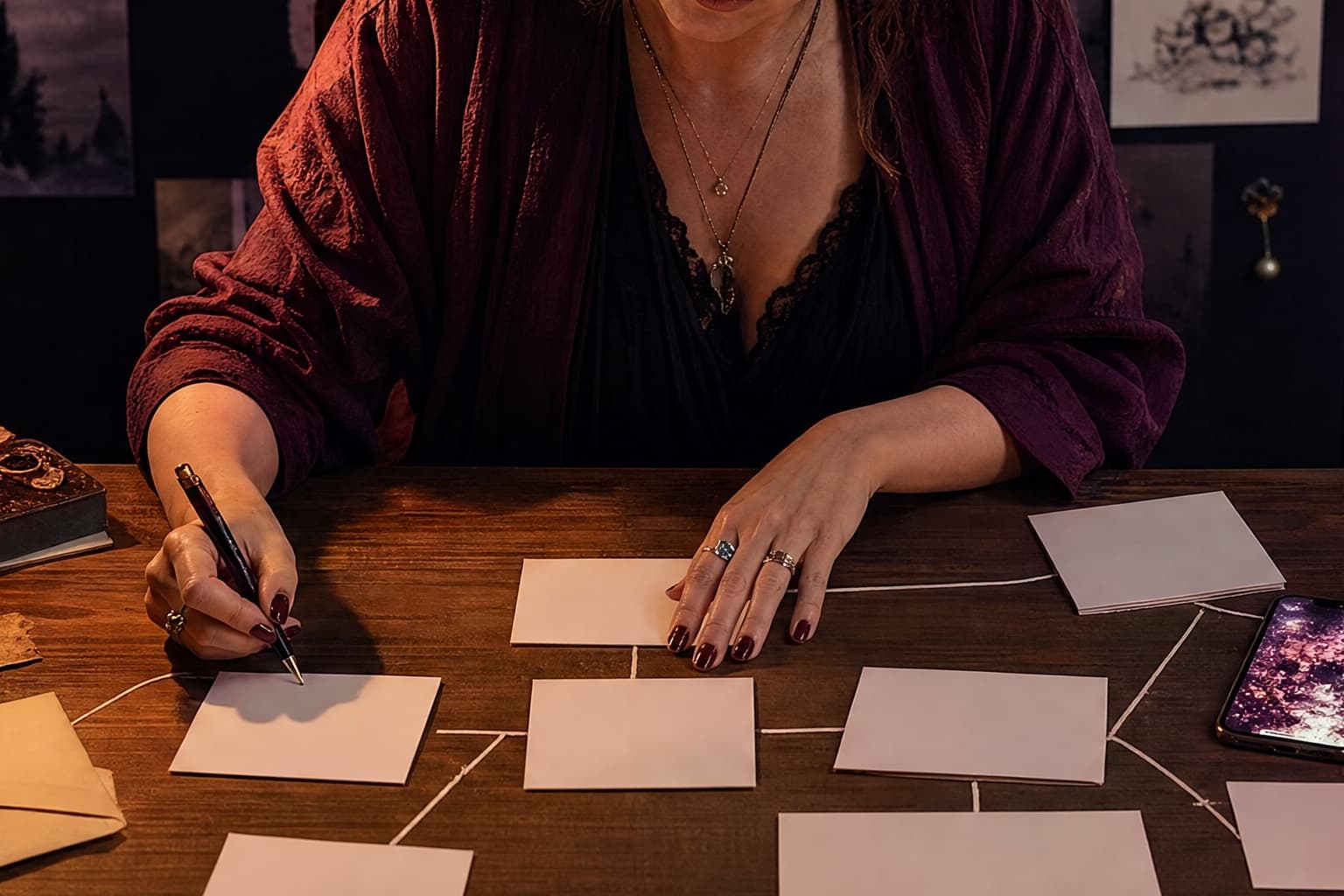 Adult author mapping publication routes with blank cards and envelopes