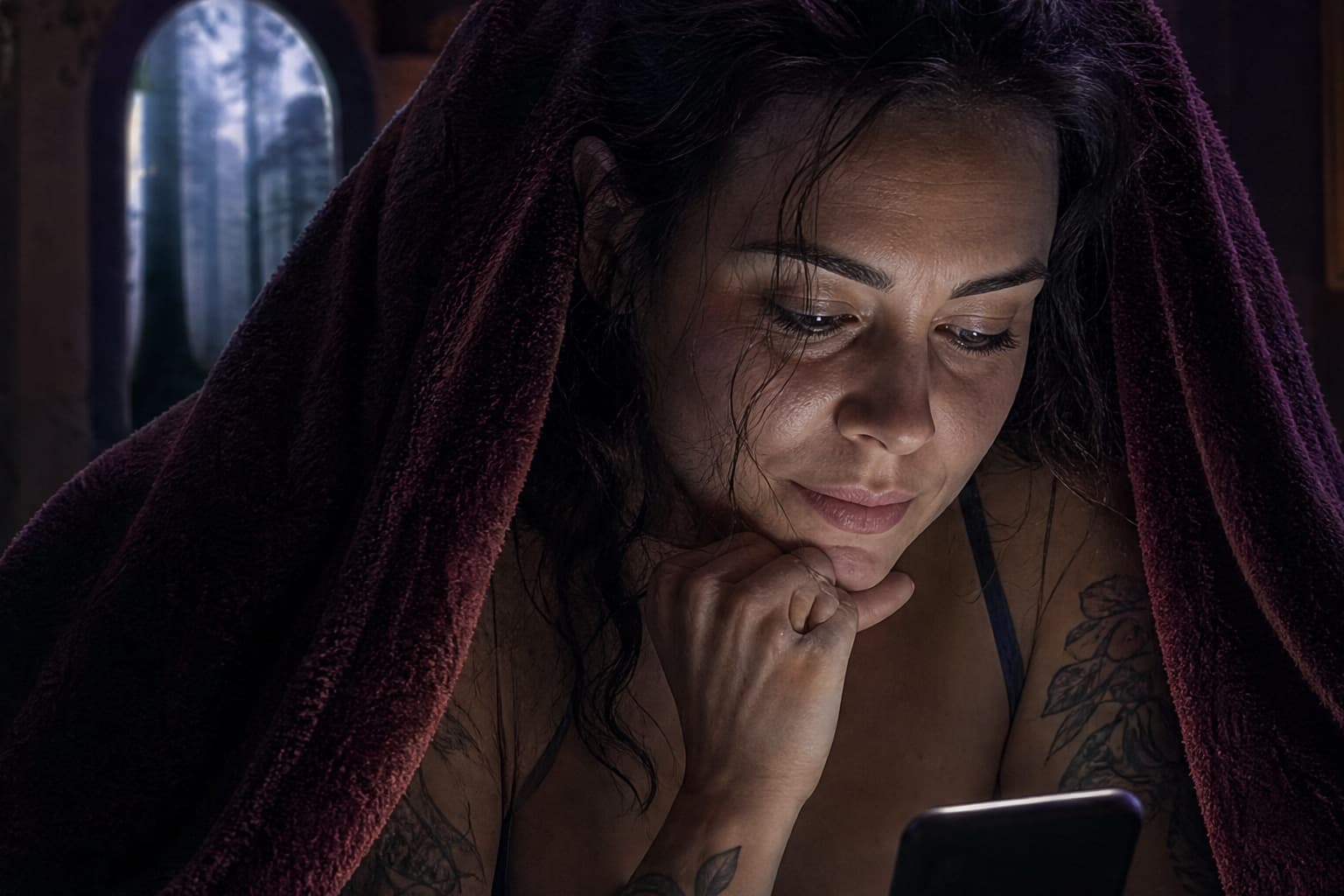 Adult reader browsing fiction on a phone under a velvet blanket at night