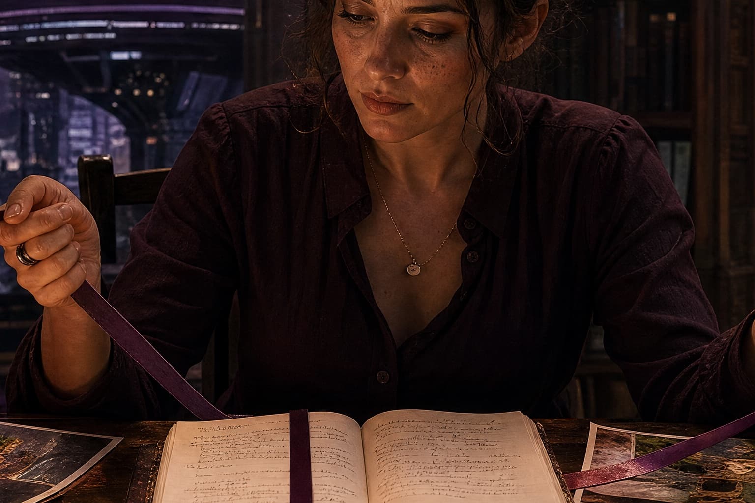 Adult reader connecting three different libraries with ribbons and bookmarks