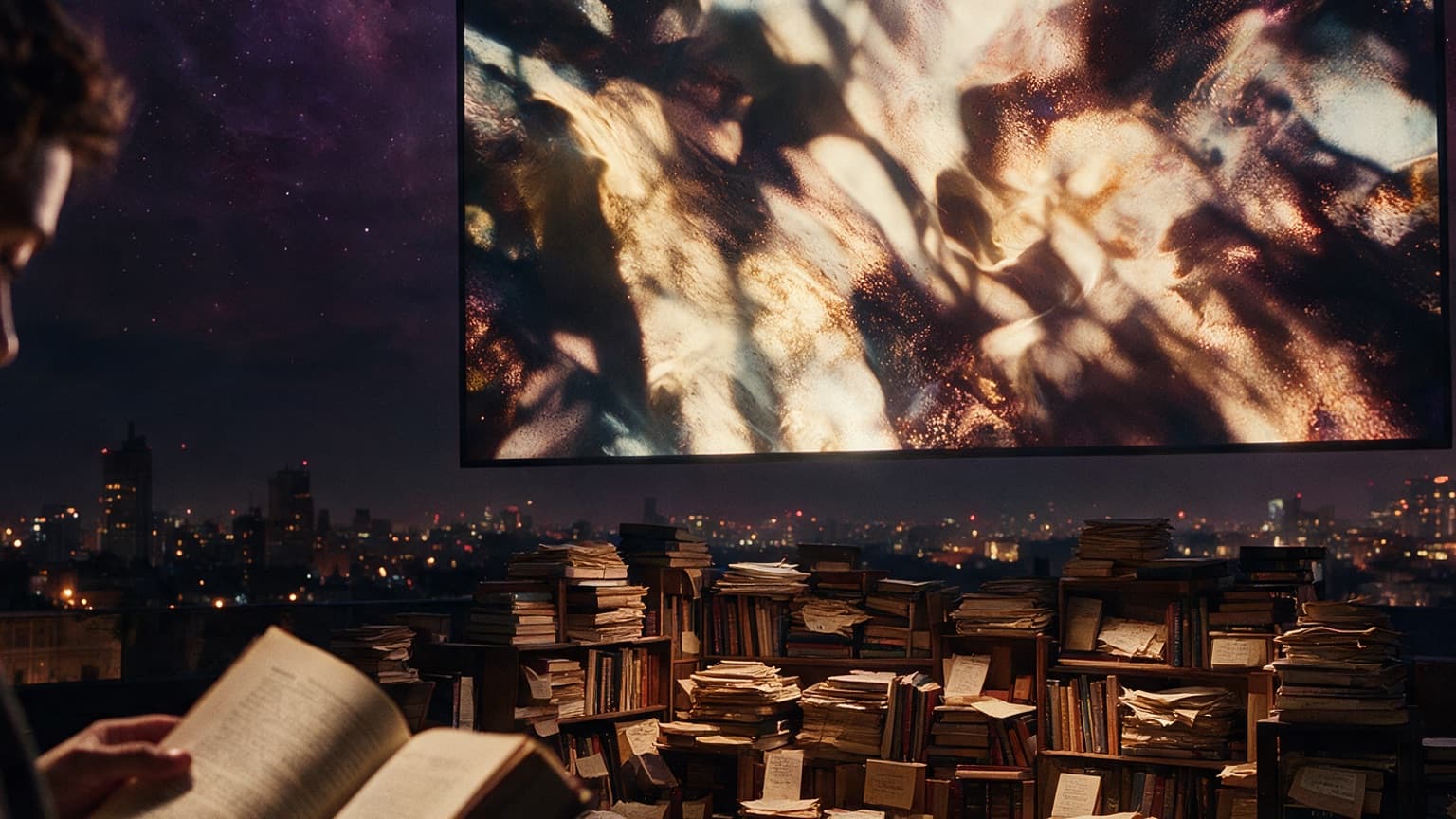 An adult reader following a web fiction story across a glowing screen and paper archive, created for What Defined Web Fiction in 2025