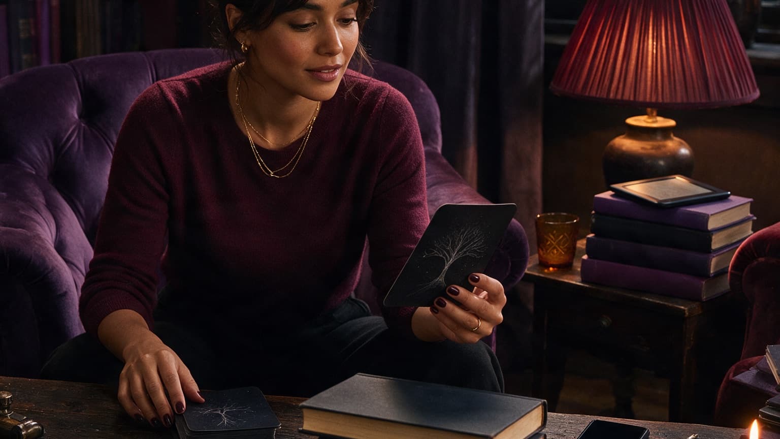 An adult reader organizing books, story cards, and a phone in a violet room, created for How Web Fiction Awards Actually Work (and Which Ones Matter)