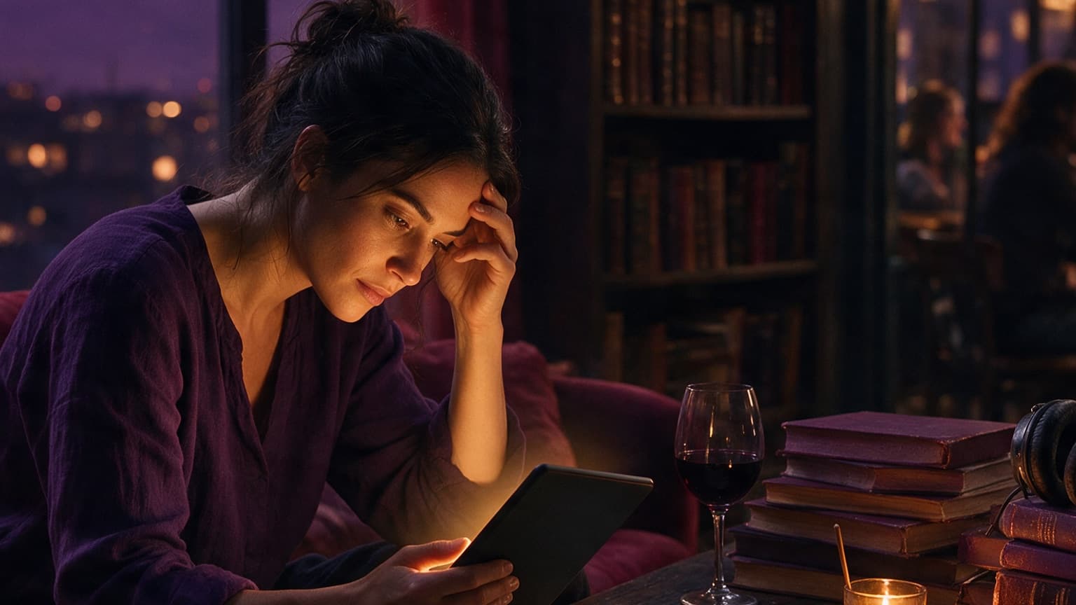 An adult reader following a web fiction story across a glowing screen and paper archive, created for How Web Fiction Changed Reading in 2024