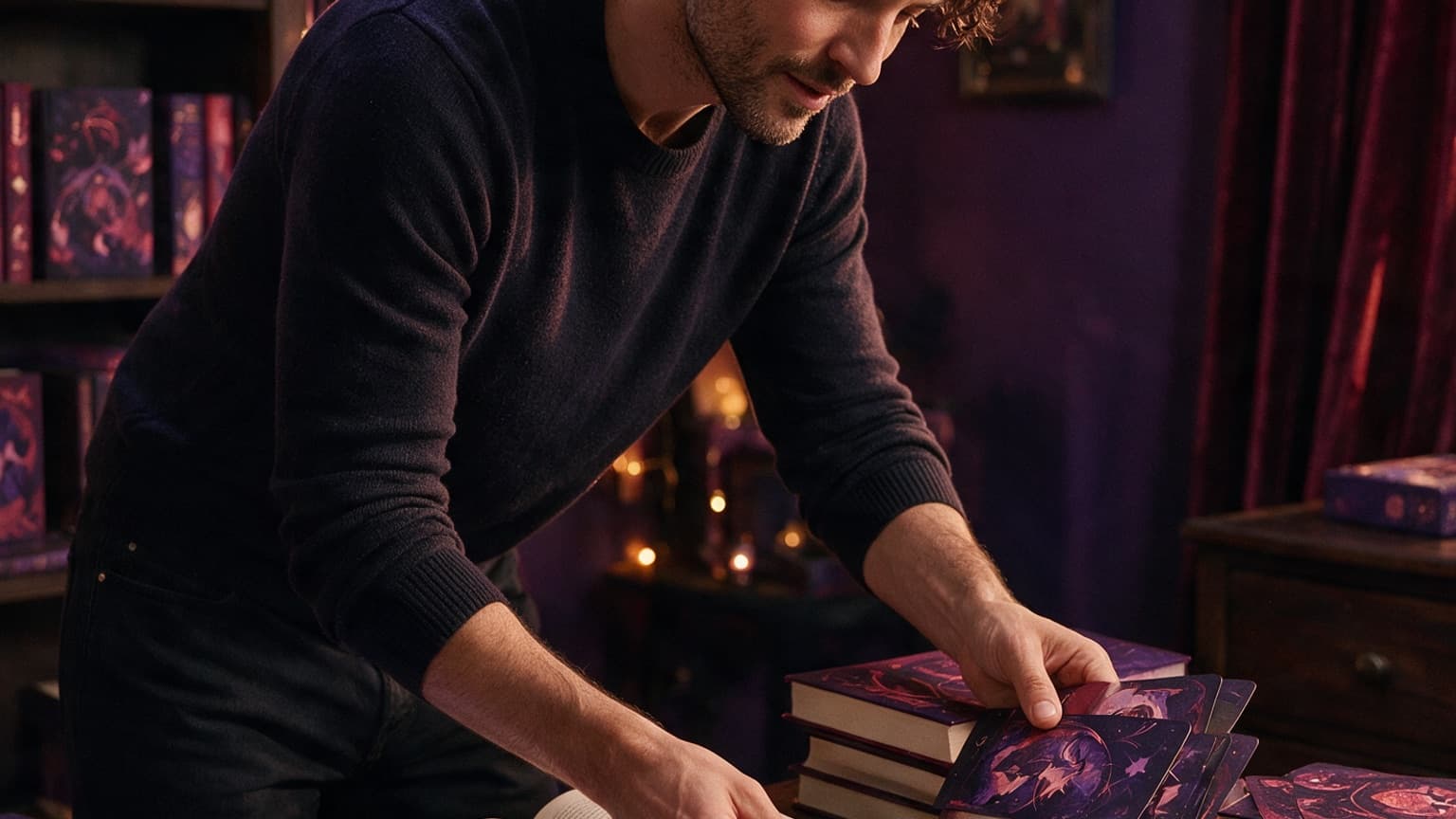 An adult reader organizing books, story cards, and a phone in a violet room, created for How Web Fiction Communities Actually Work