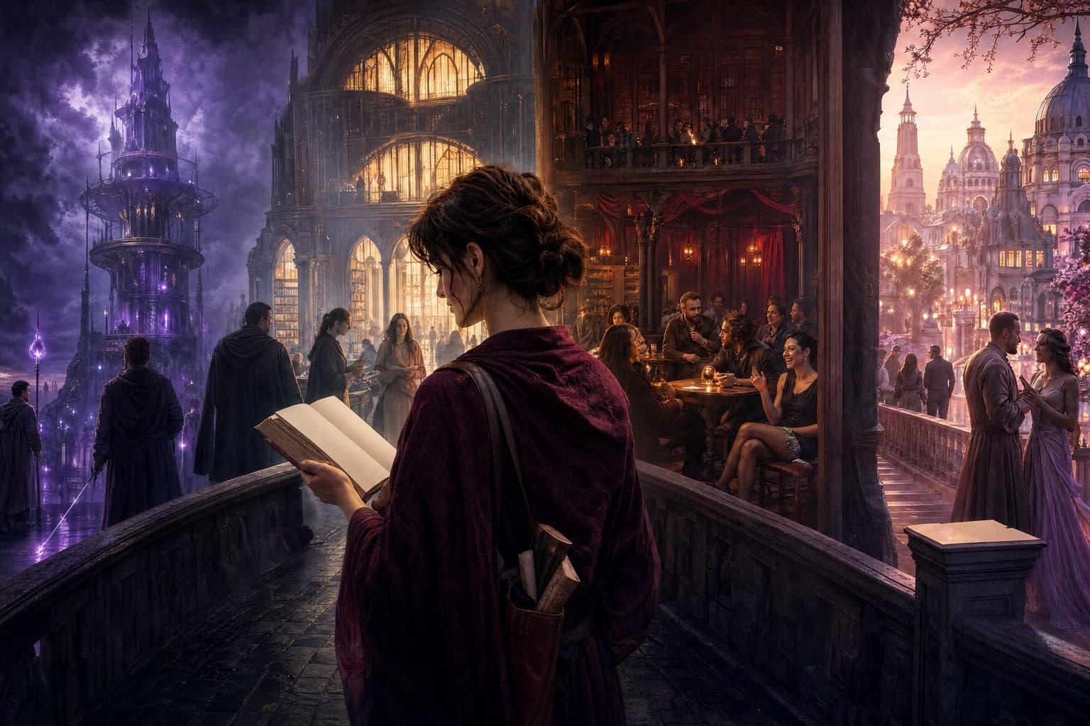 Adult reader crossing a bridge between four different fiction communities