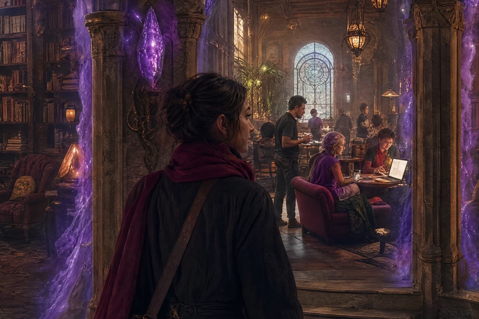 Adult reader exploring portals to an archive, forum, library and fantasy tavern