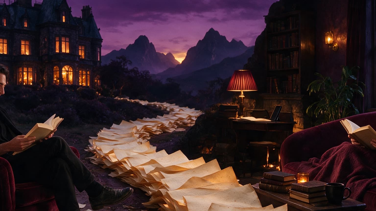 Two contrasting fiction worlds connected by a trail of pages, created for Where Wattpad Readers Can Go Next