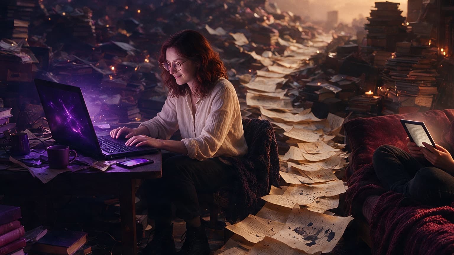 Two contrasting fiction worlds connected by a trail of pages, created for Why Tracking Fanfiction Is Still Weirdly Hard