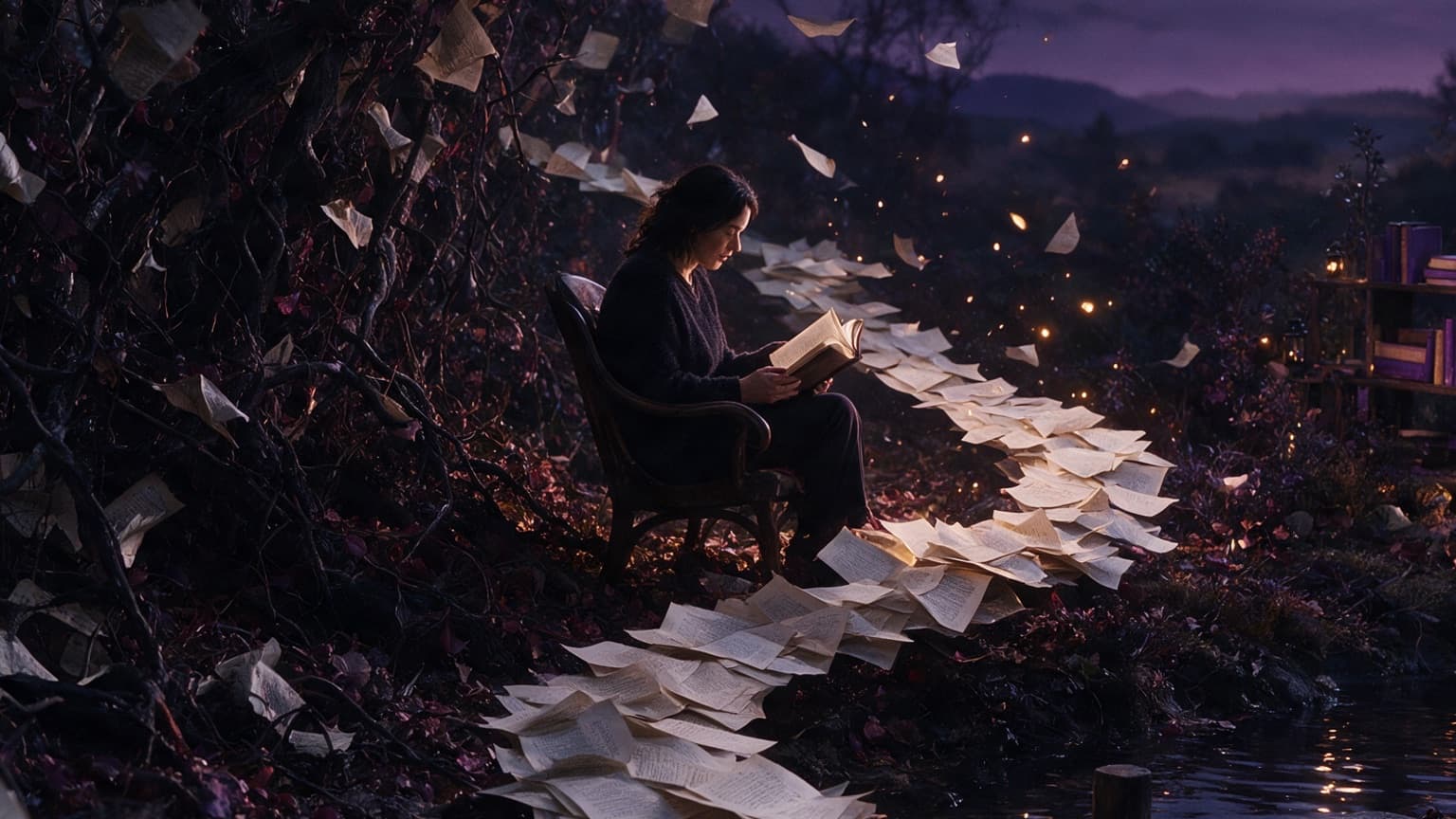 Two contrasting fiction worlds connected by a trail of pages, created for Why Your Reading List Keeps Falling Apart