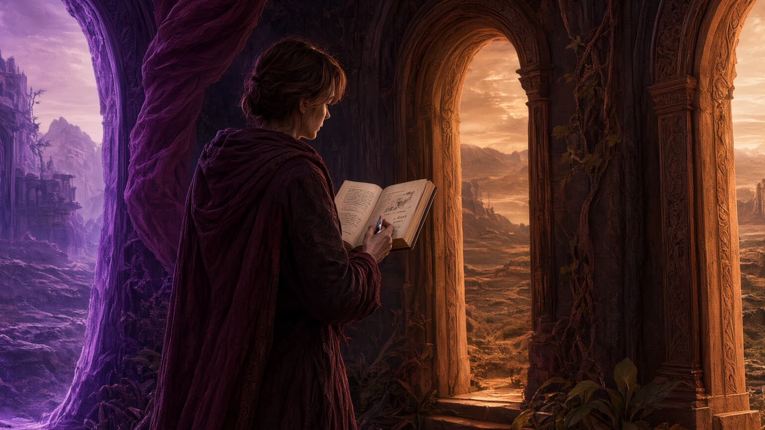 An adult reader exploring a gallery of book-shaped doorways and story worlds, created for Worm FanFiction: Where to Start With Parahumans
