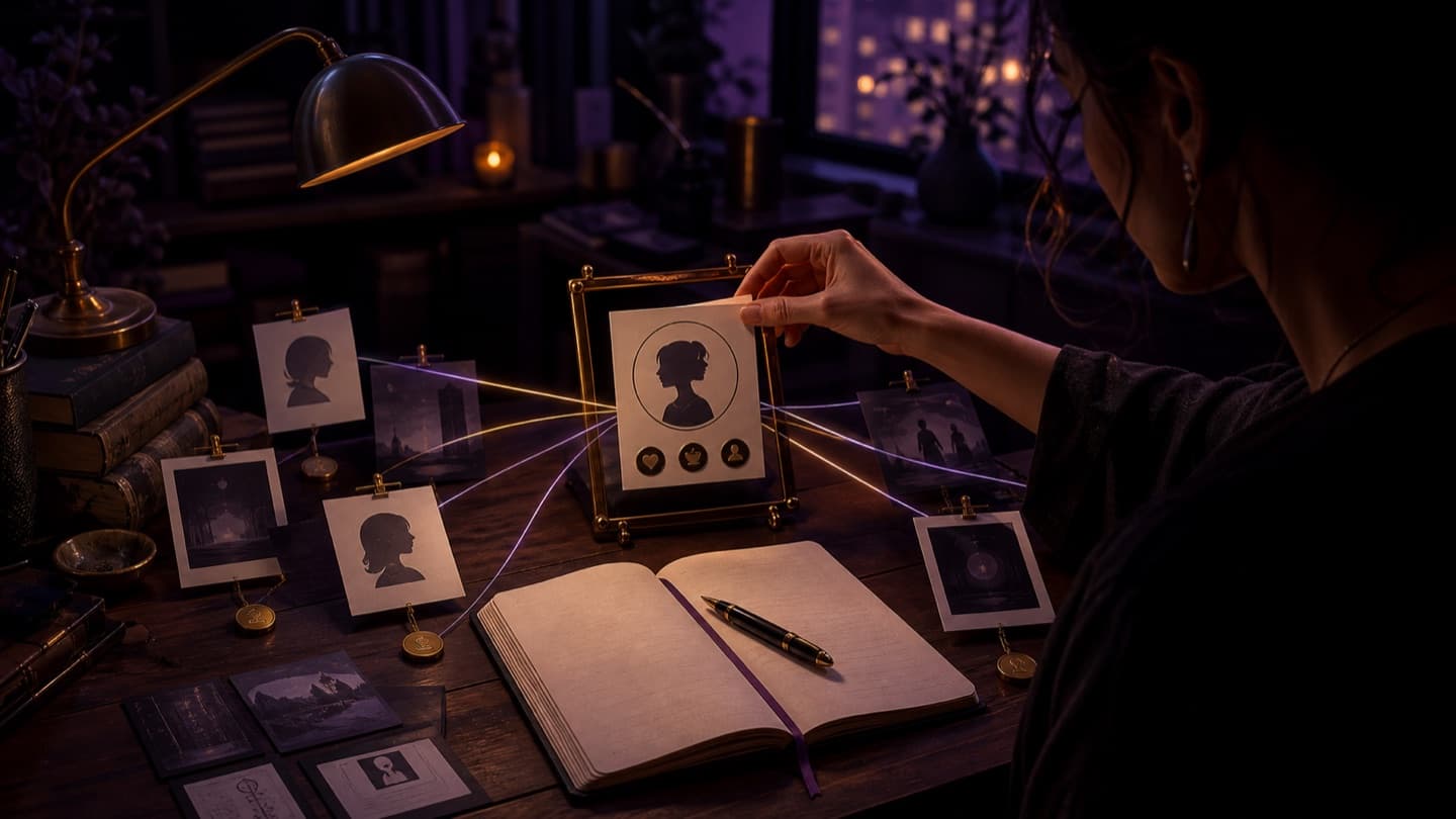 An author connecting several story profiles to one verified identity card at a writing desk