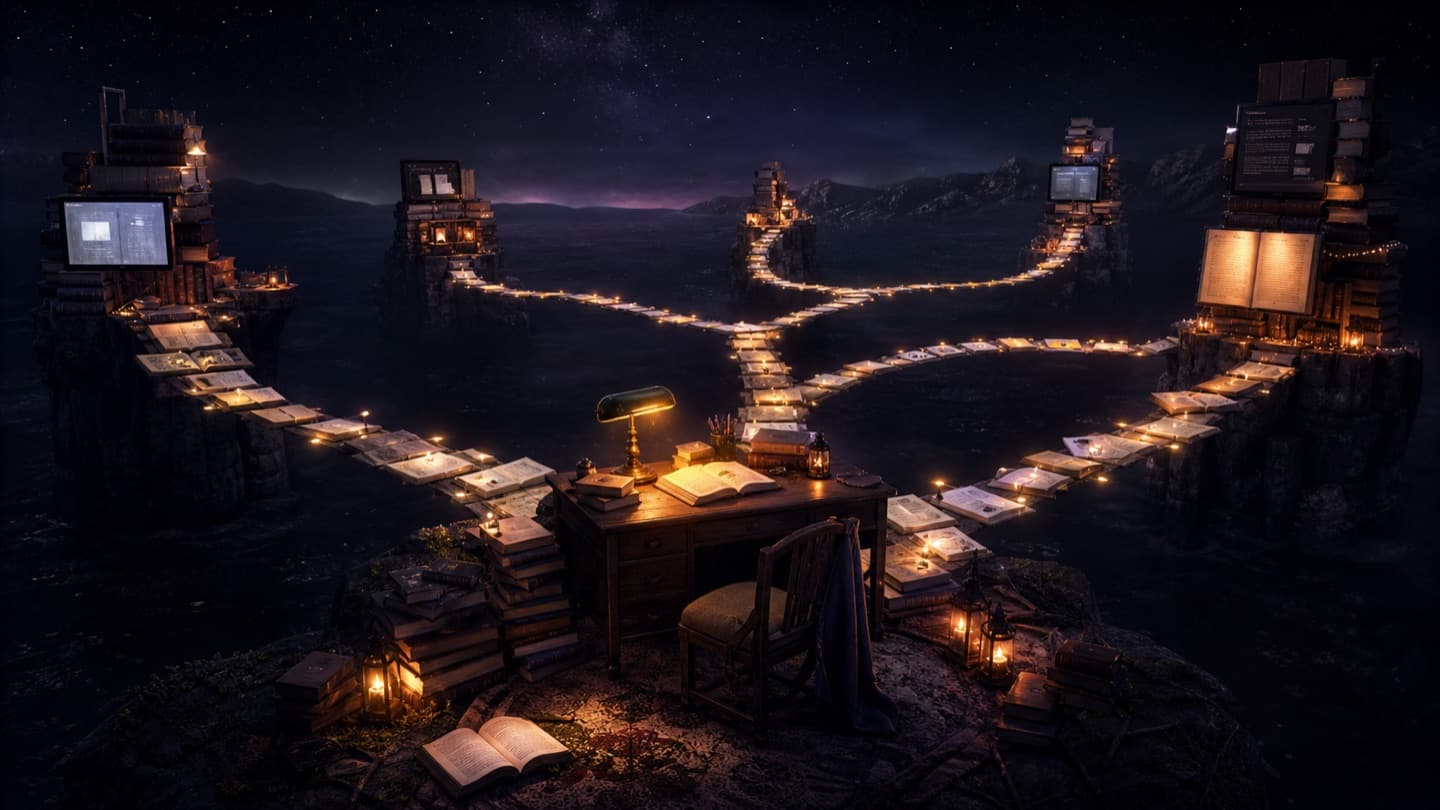 Book-filled islands connected to one central reading desk by glowing paths of pages