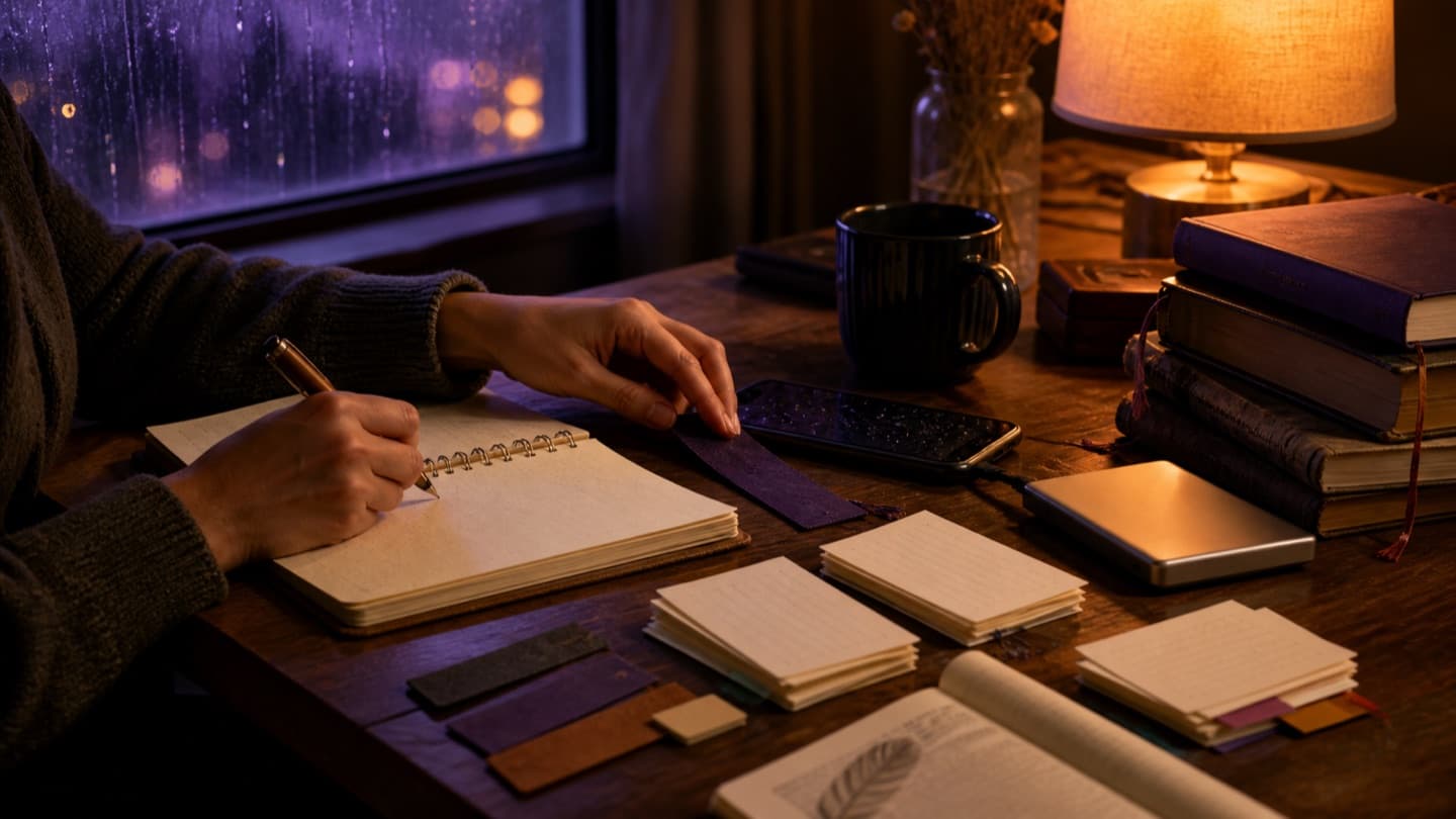 A reader organizing a notebook, bookmarks, and a phone at a lamplit table