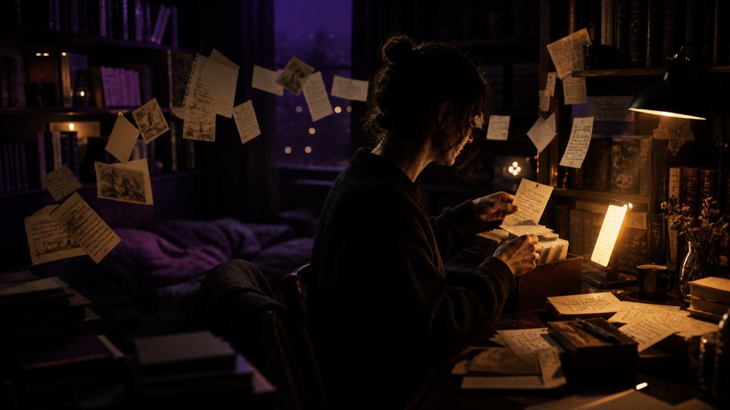 A reader calmly sorting story cards and pages into a portable library beside a phone