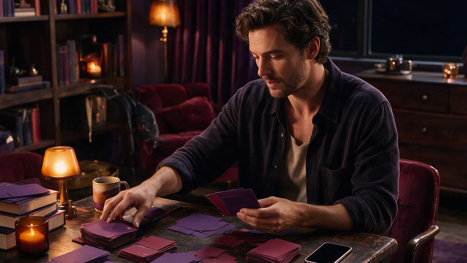 An adult reader organizing books, story cards, and a phone in a violet room, created for How to Move a Huge Fic List Out of Your Notes App