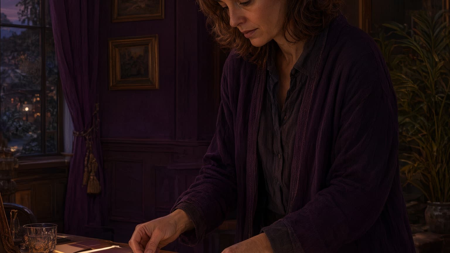 An adult reader organizing books, story cards, and a phone in a violet room, created for You Do Not Have to Catalog Every Fic You Have Read