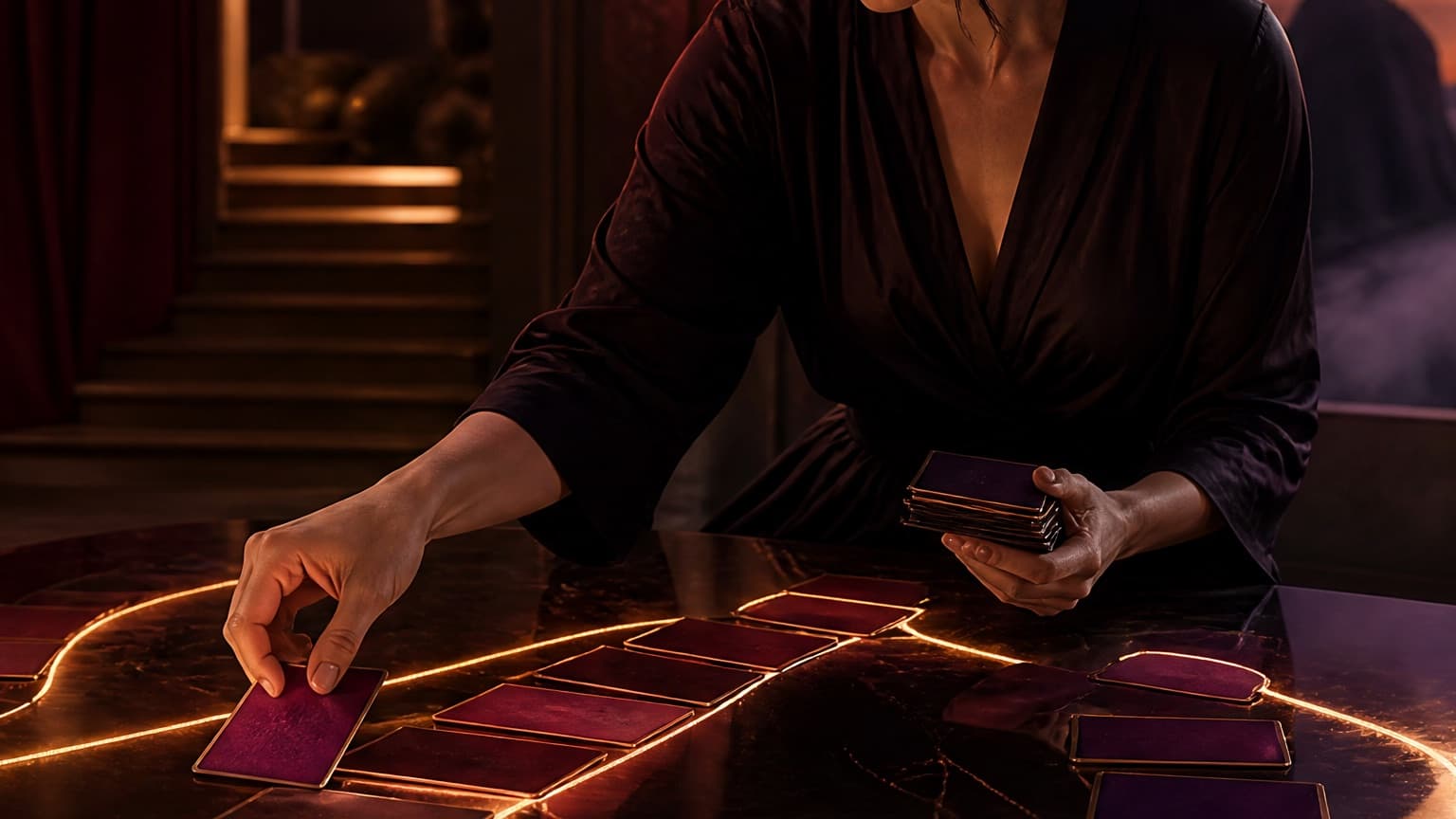 An adult reader organizing books, story cards, and a phone in a violet room, created for How to Track Short Fics Without Downloading Everything